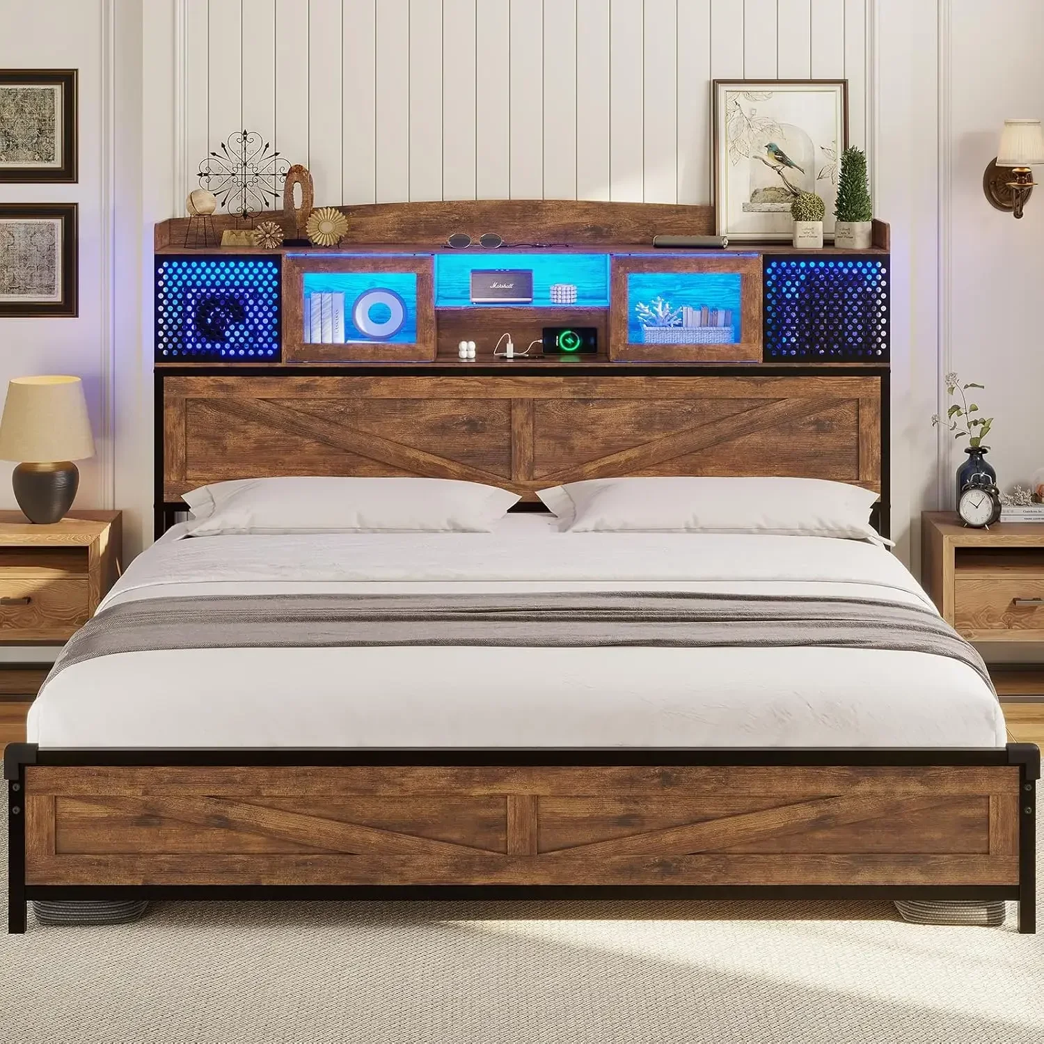 Farmhouse LED King Bed Frame with Storage Headboard & USB Ports & Charging Outlets