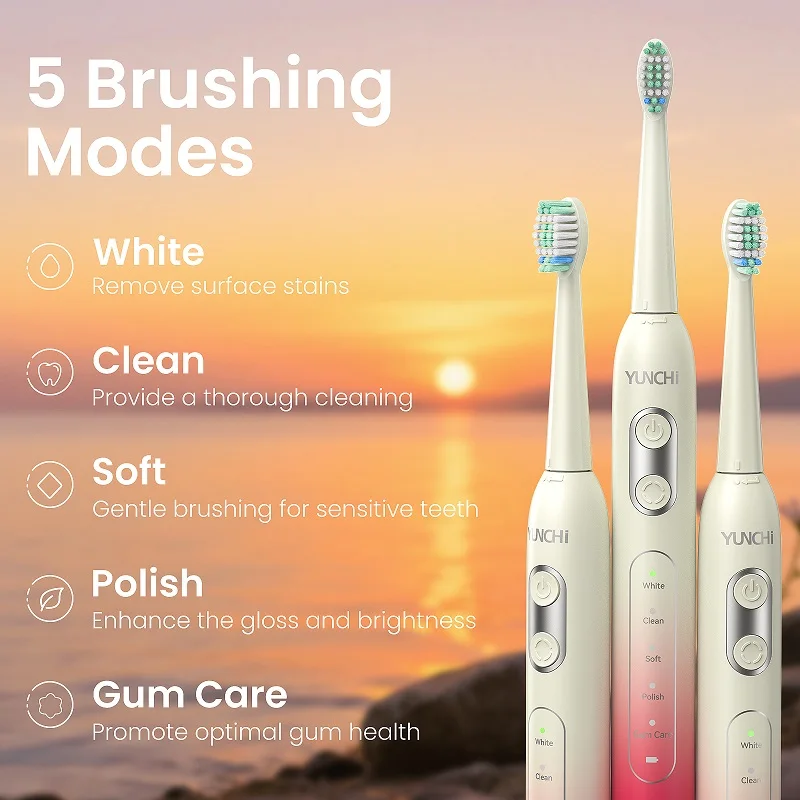 8 فرشاة أسنان كهربائية 1 رأس حامل لفرشاة الأسنان 1 صندوق تخزين 5 أوضاع تشغيل فرشاة أسنان كهربائية بالموجات فوق الصوتية للتنظيف الفعال