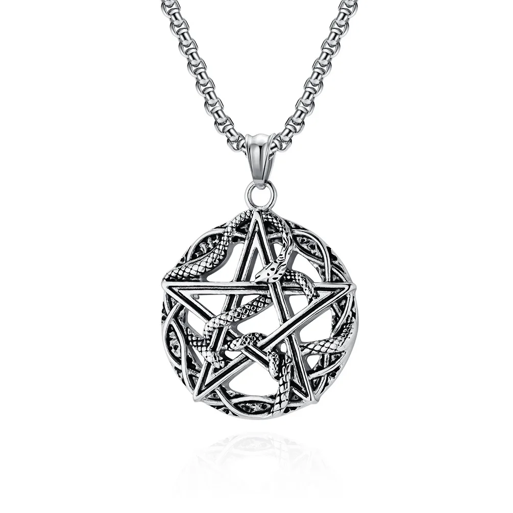 Vintage Python Entwined Pentagram Pendant,Devil Satan Hexagram Stainless Steel Necklace,Men Punk Jewelry