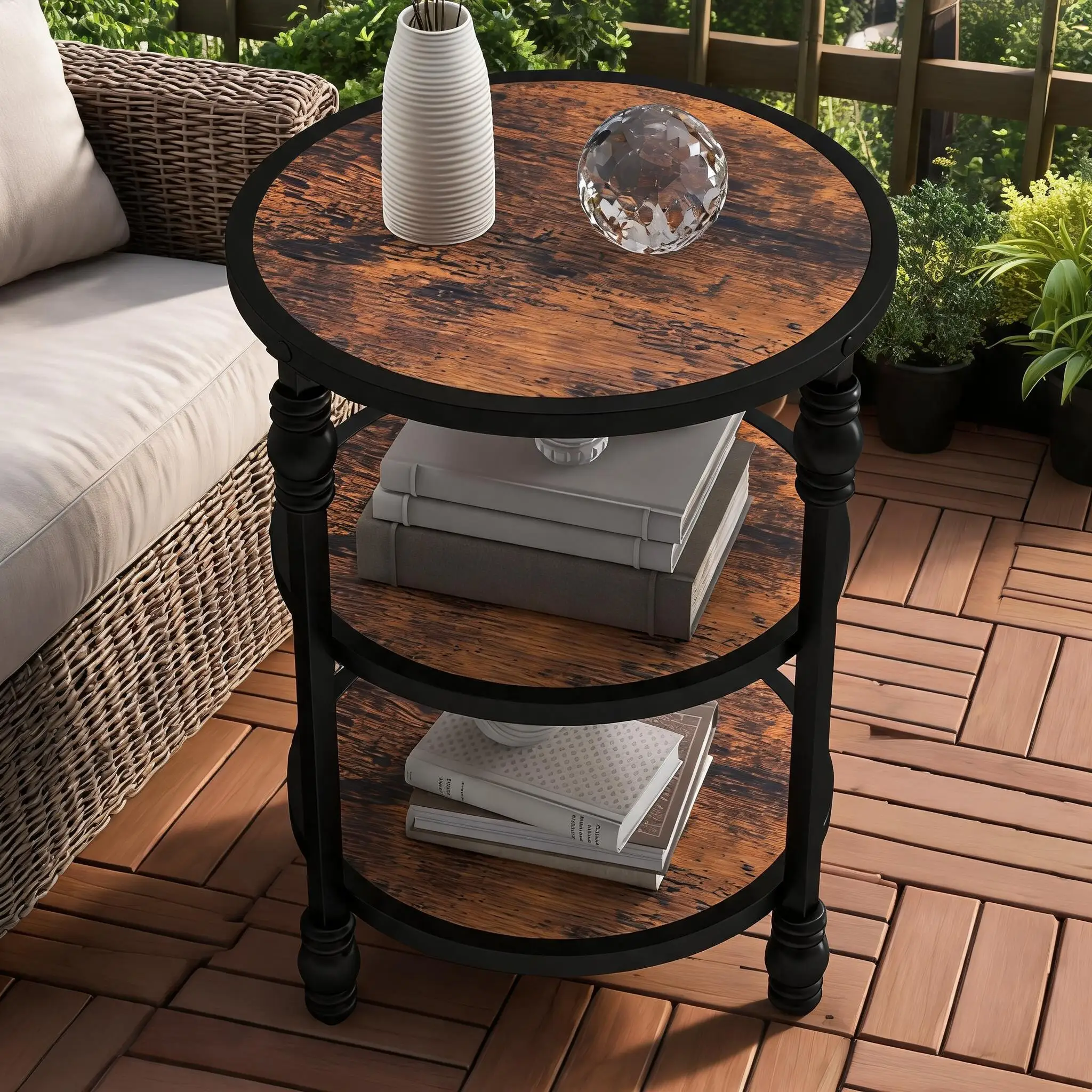 3-Tier Round End Table for Small Spaces Modern Industrial Side Table/Bedside Table  Storage Shelves Metal Frame Living Room/Bedroom Corner Accent