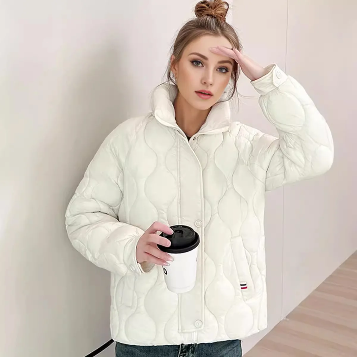 Women\'s Winter Jacket 2024 Female Stand Collar Pure Color Cotton Jacket Women Pure Color Casual Rhombus Demi-season Jackets