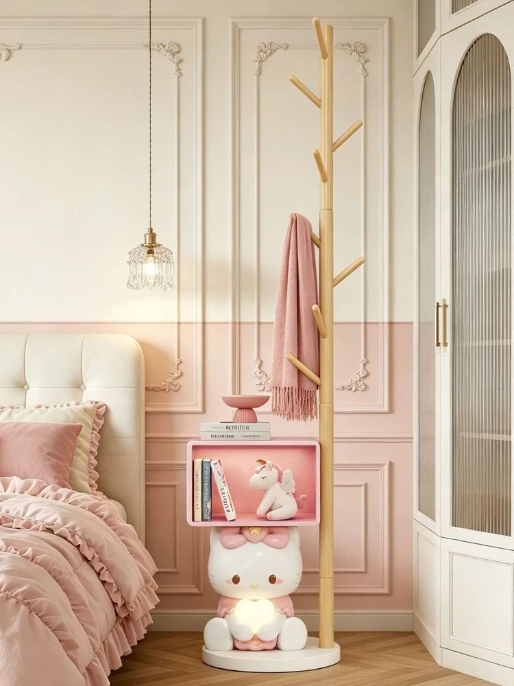 

Cartoon Pink Cat Statue Bedside Table Multi Functional Coat Rack Creative Girl Bedroom Furniture Decor Nightstand Storage Rack