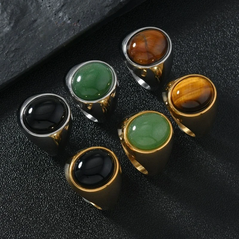 

Stainless Steel Colored Stone Lovers Ring Fashion Big Tiger Eye Stone Rings for Women Man Unique Jewelry Gifts 6-12 Big Size