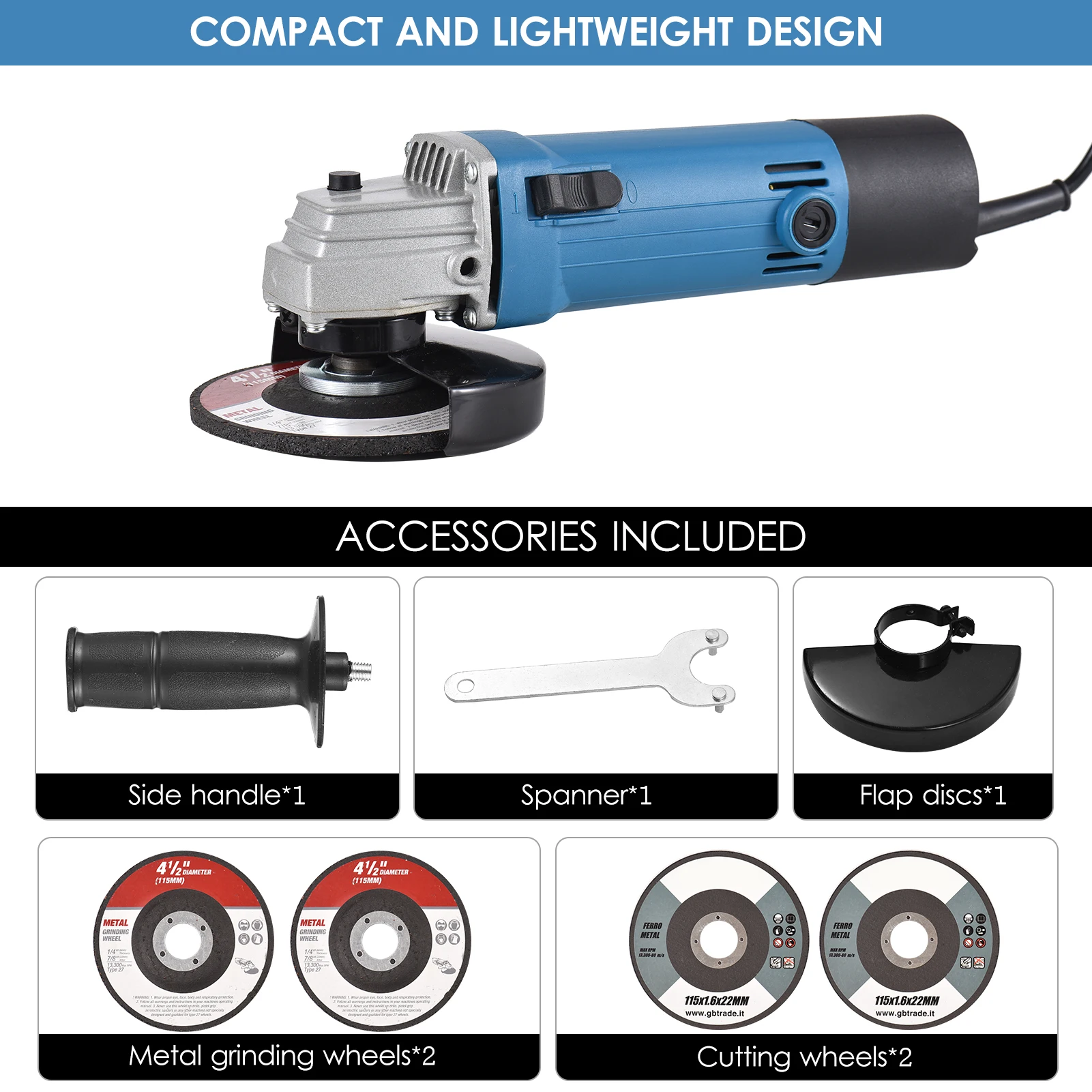 500W Electric Angle Grinder 11000RPM 4-1/2” / 5\'\' Electric Grinding Cutting Machine Power Tool for Polishing Rust Removal