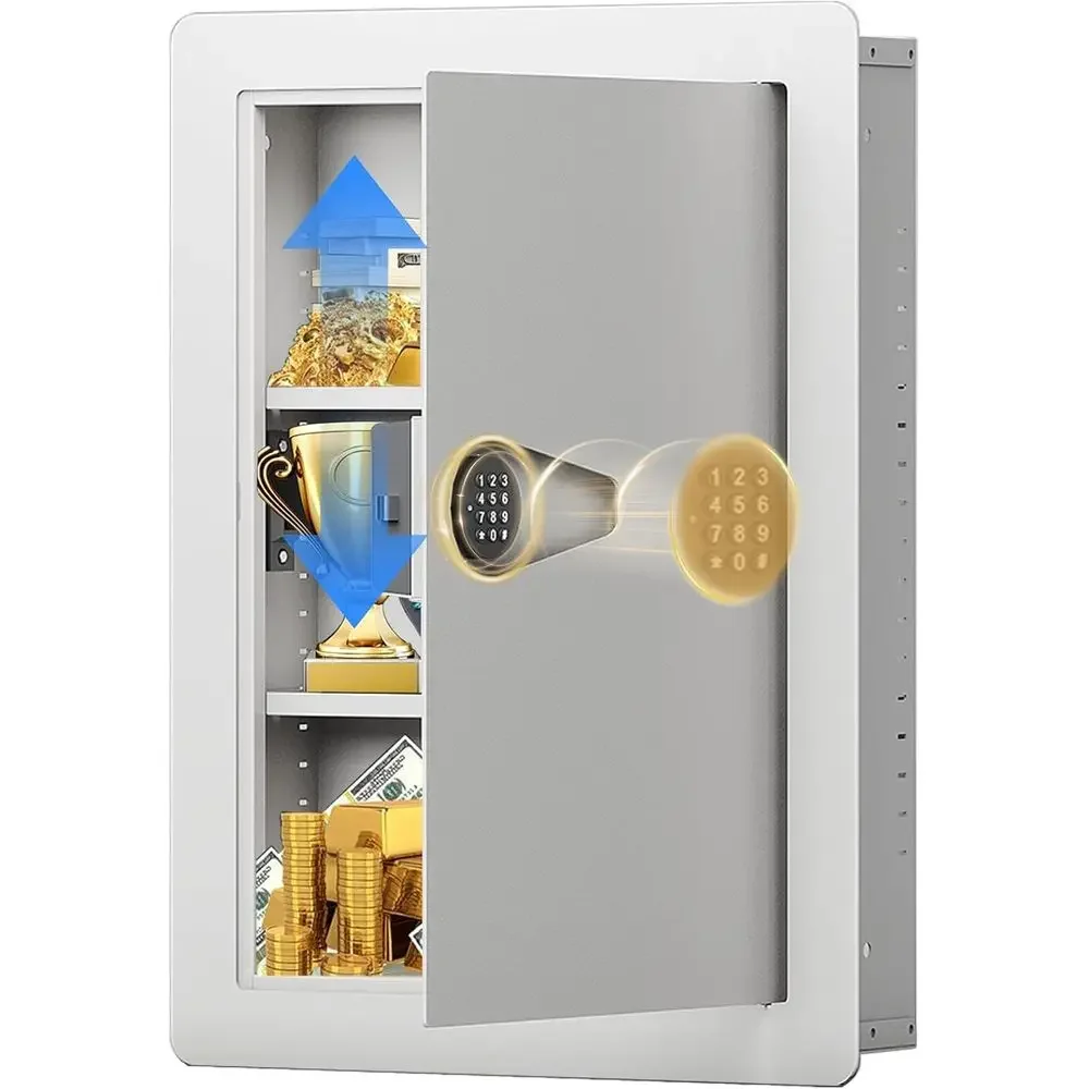 

Keypad-Secured Wall Safe with USB Port, Removable Shelves for Pistols, Cash, and Valuables, White