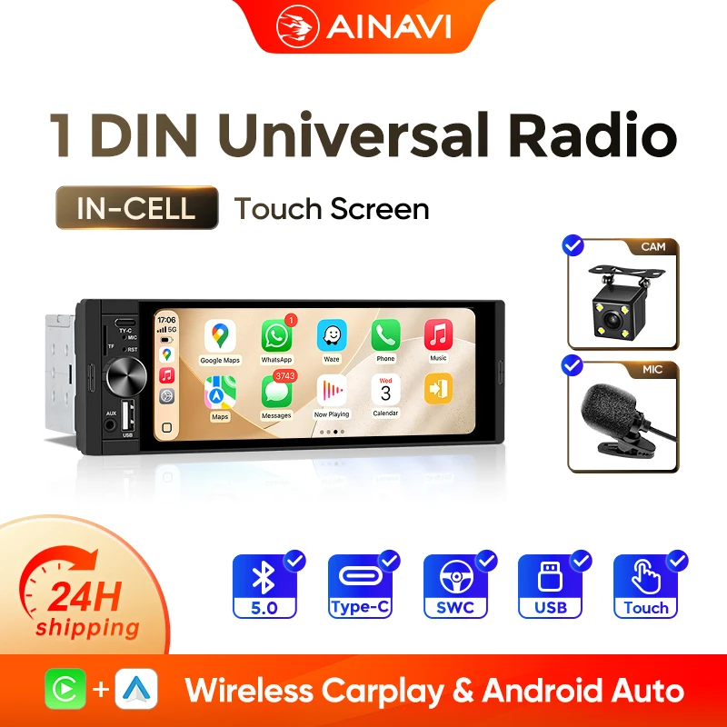 Autoradio AINAVI 1 DIN Carplay sans fil Android Auto Lecteur multimédia universel MP5 pour voiture Écran IPS HD 6,36 pouces Type-C BT 5.0 1DIN