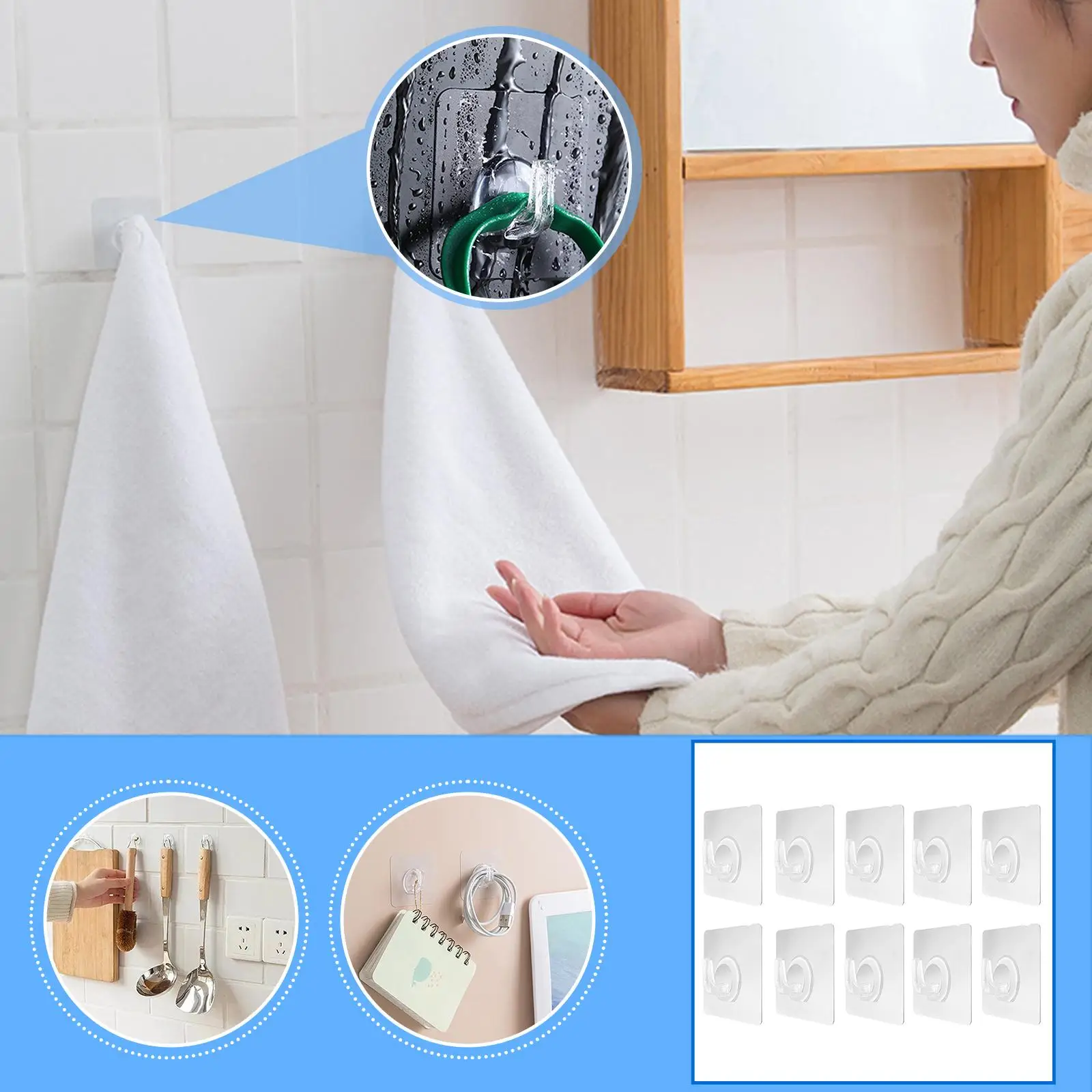 10pcs Strong Mark Hook Transparent Plastic Self Adhesive Heavy Duty Wall Seamless Hook For Kitchen Bathroom Organizers W7R2