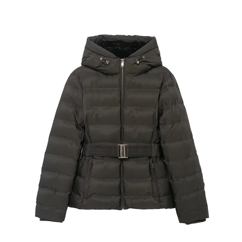 Chaqueta de algodón con capucha y cinturón para mujer, abrigo acolchado ajustado, abrigo cálido de invierno negro y gris oscuro