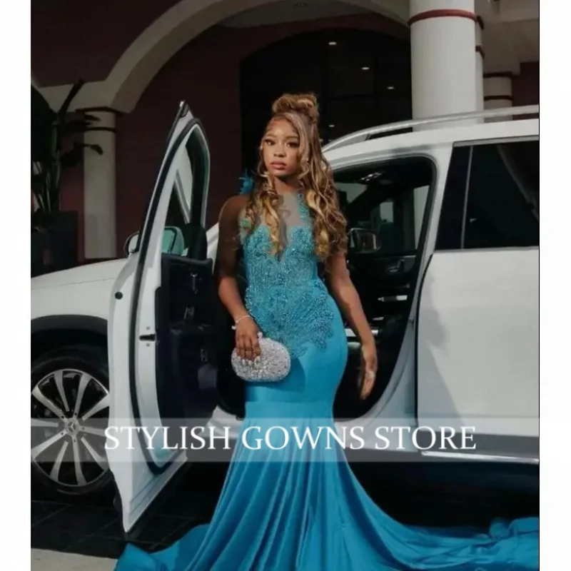 Luxury Blue Satin Mermaid Prom Dress Gorgeous Crystal Rhinestone Beaded Applique Black Girls Birthday Customized Dresses