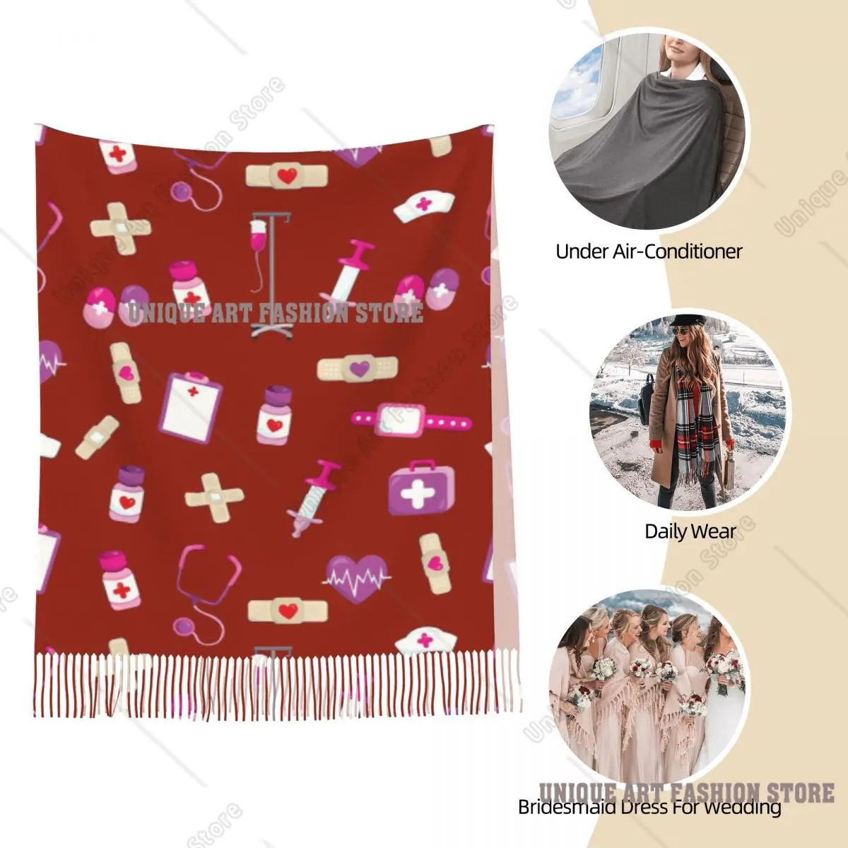 Mignon hôpital modèle médical cadeau pour infirmières écharpe gland foulards femmes doux chaud châles et enveloppes longue automne hiver châle enveloppement
