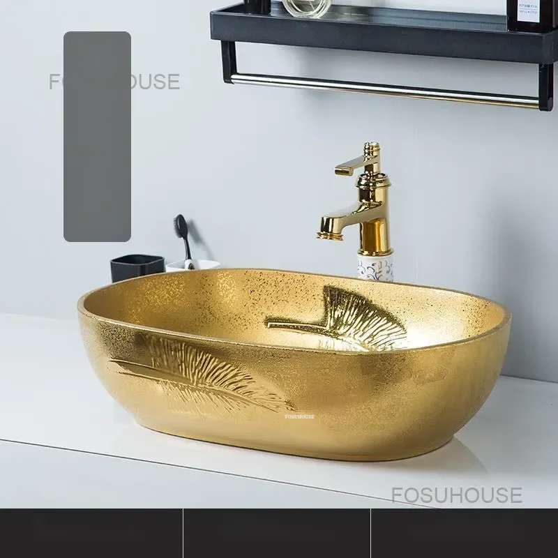 

European Luxury Washbasin Hotel Club Golden Bathroom Sinks Beauty Salon Bathroom Accessories Oval Table Basin Washing Hand Basin