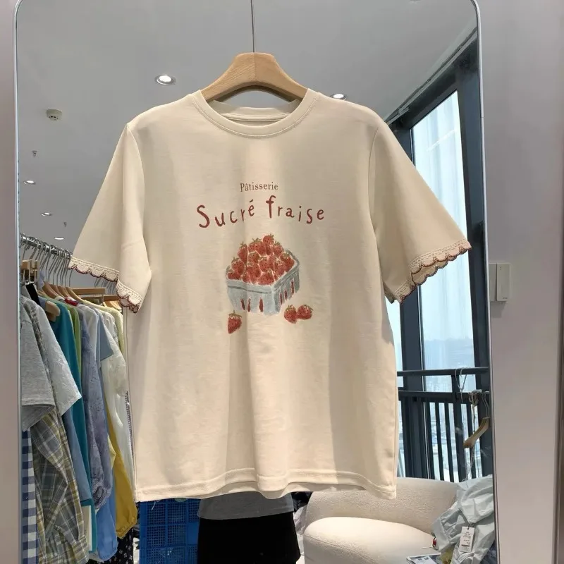 

Новая весенне-летняя женская свободная футболка из чистого хлопка с принтом и кружевными вставками