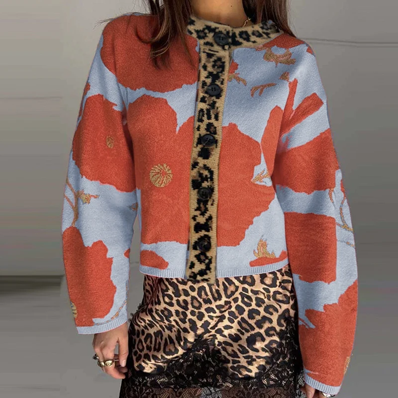 

Leopard Print Patchwork Loose Fit Sweater Winter Single Breasted Design Office Sweater Casual Women O-neck Long Sleeved Cardigan
