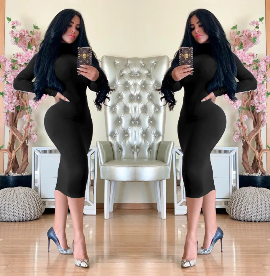 

M3029 women's autumn and winter new black dress sexy temperament high collar grasp hair thick slim pack hips