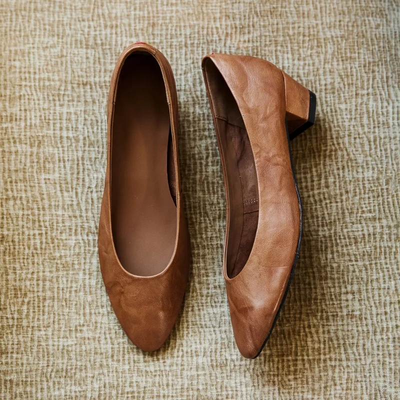 MKKHOU Fashion Pumps New High Quality Genuine Leather Shoes Simple Commuter Women's Heels Shoes Round Head High Heels Women