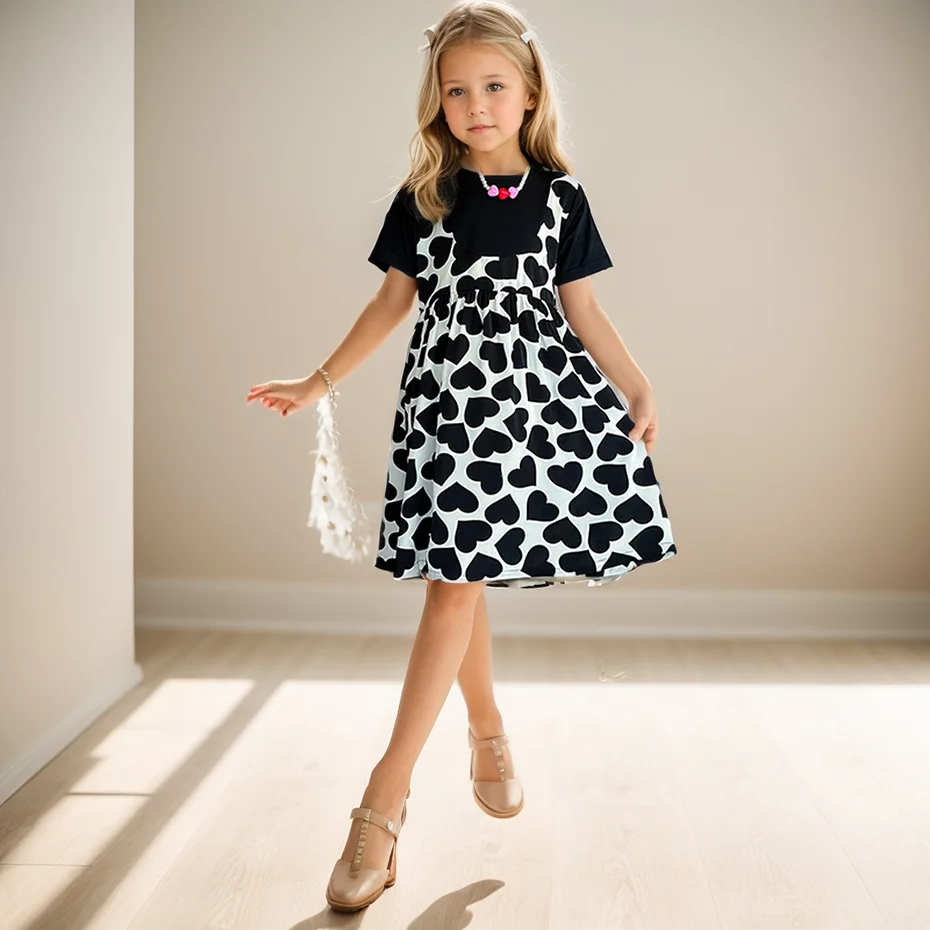 Dress For Girls Heart Pattern Girl Dress Casual Style Party Dress Child Summer Girl Costume 6 8 10 12 14