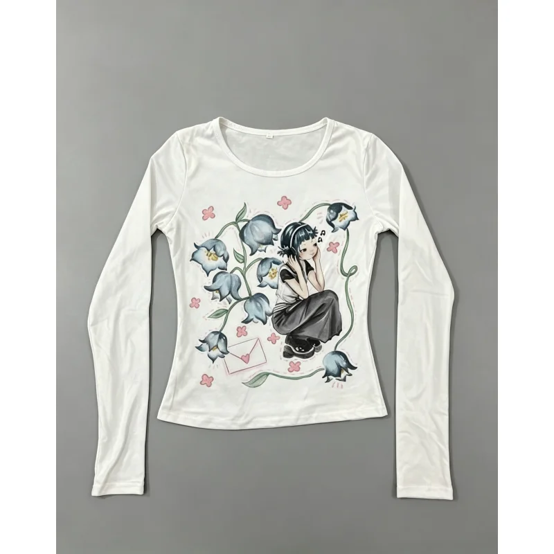 European and American cross border New Autumn Winter Women Crew Neck Girl Print Slim Fit Solid Versatile Long Sleeve T Shirt