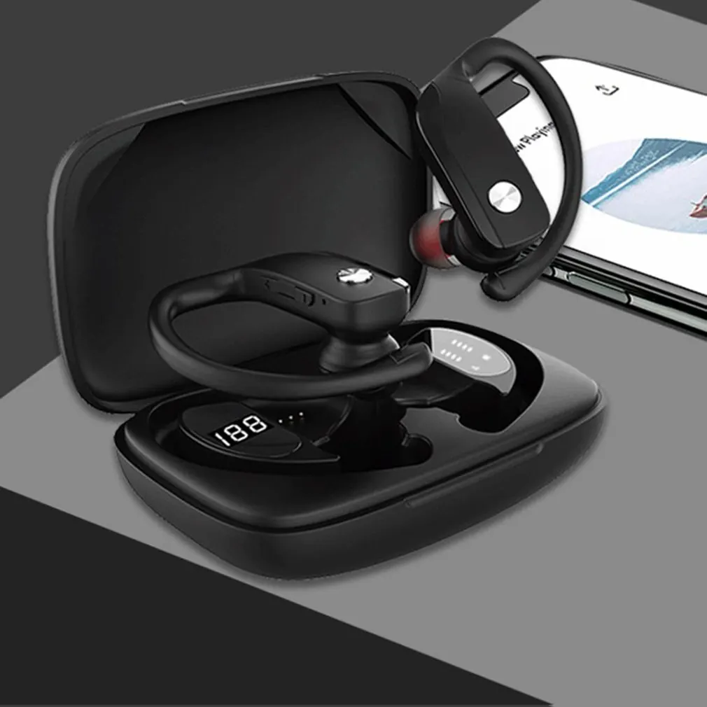 T16/T17 Bluetooth Earphones Bass Wireless Stereo Sport LED Display Headset Ear Hook Hands-free Headphone With Mic Charging Box