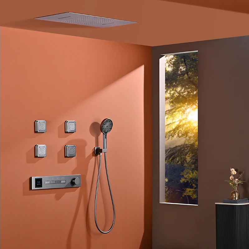 

Душевой комплект Farrete Overhang Waterfall со скрытой душевой лейкой, цифровым дисплеем постоянной температуры и настенным креплением, цвет серый металлик, латунь