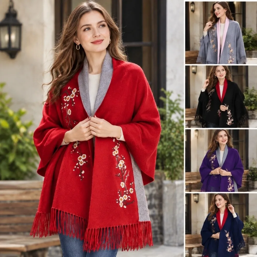 Thick Knitted Floral Embroidered Poncho Core-Spun Yarn Two-Tone Knitted Tassel Shawl Tassel With Sleeves Fringe Cape Coat
