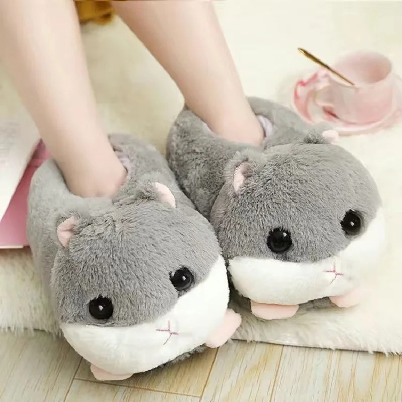 

Melancholic hamster Slippers Women girls Winter Slip On Fluffy Shoes 2023 New Cartoon Animals Piggy Panda Unicorn Fur Slides