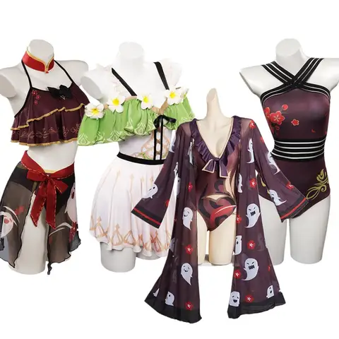 Genshin Impact Hu Tao Cosplay Costume Jumpsuit Swimwear Cloak Outfits Halloween Carnival Suit