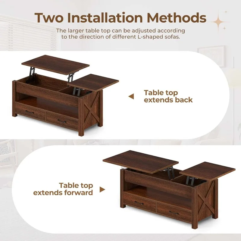 Lift Top Coffee Table with 2 Storage Drawers and Hidden Compartment,Farmhouse Center Table with Wooden Tabletop,for Living Room