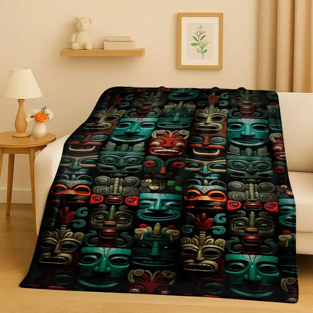 3D Ancient Aztec Totem Maya Mask Sun God Flannel Blanket,Ultra Soft Warm Plush Throw for Home Bedroom Bed Sofa Cover Office Gift