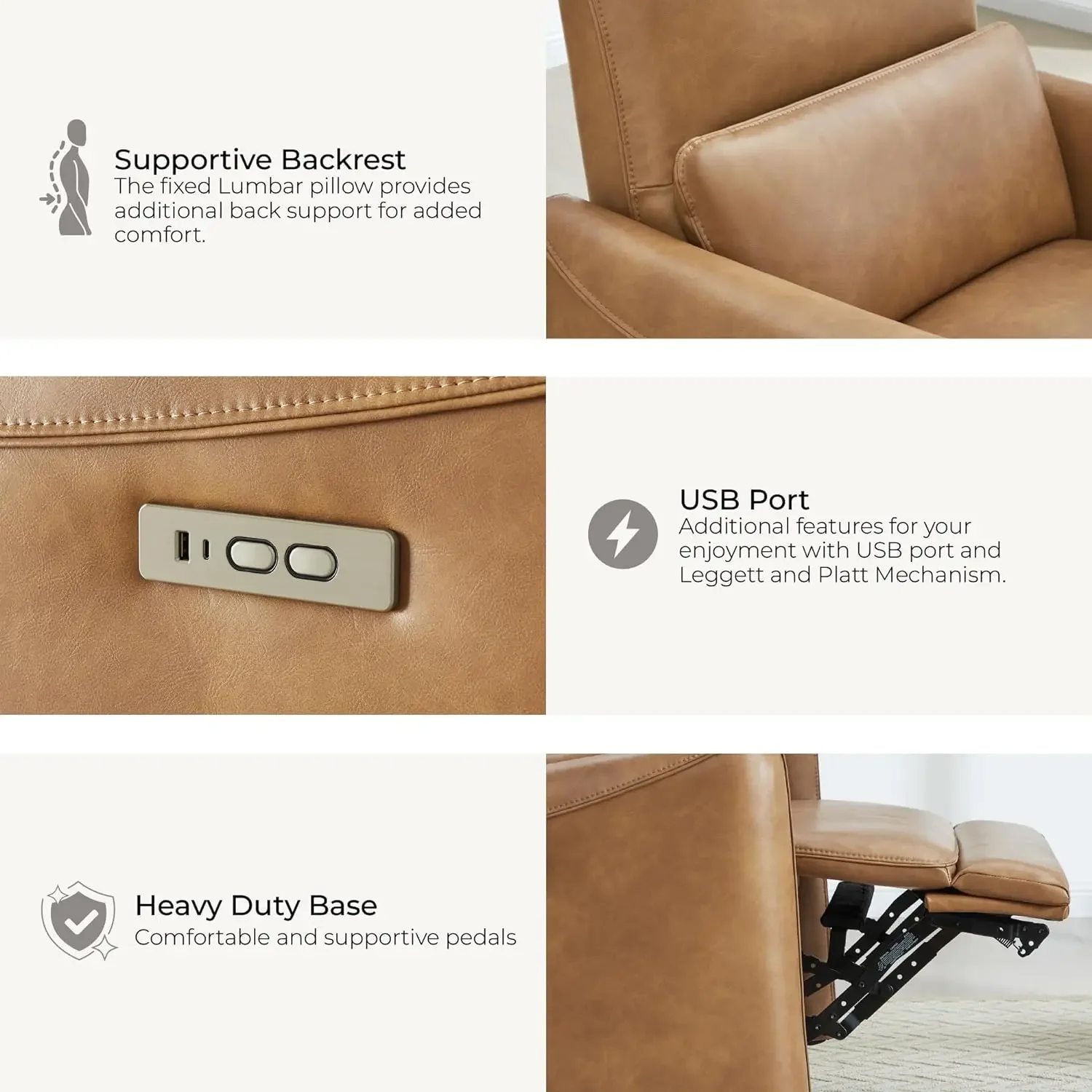 Power Recliner Chair Swivel Glider, Upholstered Faux Leather Living Room Reclining Sofa Chair with Lumbar Support, Cognac Brown