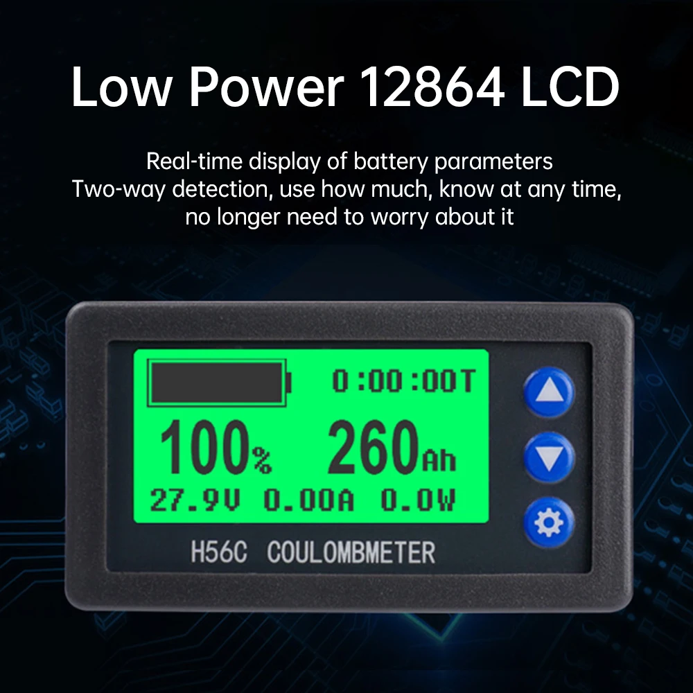 H56CR LCD Digital Hall Coulomb Meter Ammeter Voltmeter DC 10-100V Voltage Current Power Meter Battery Indicator With Diverter