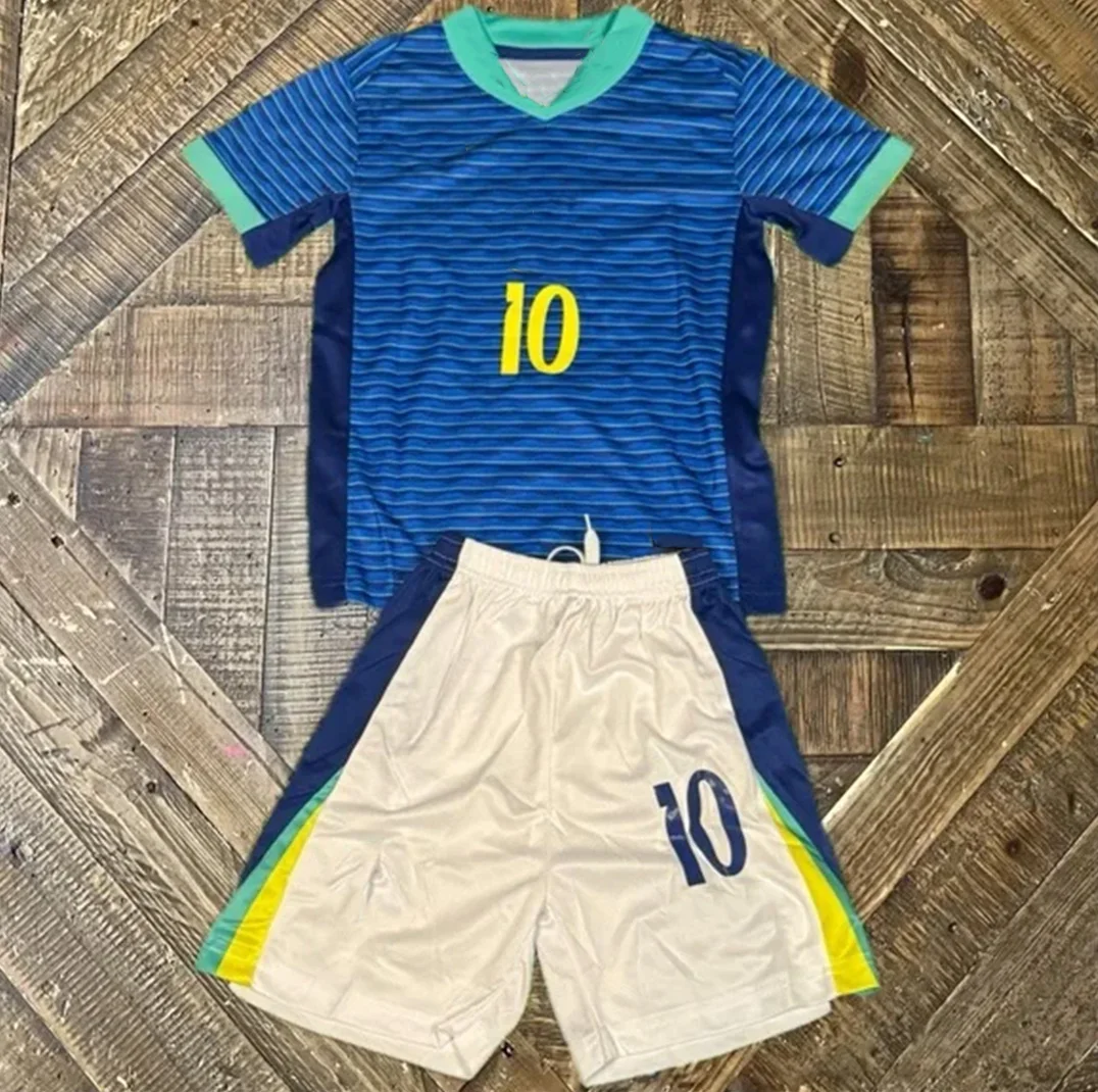 Blue Brazil Neymar Jr Kids Soccer Jersey 24-25 Quick drying Breathable Short Sleeve Shorts Set Fashion Children Adult Set