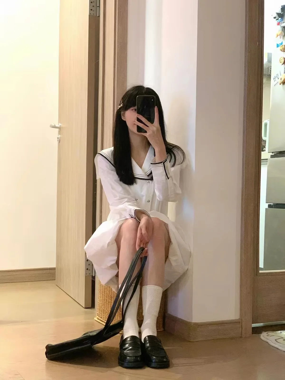 White Naval Collar Dress Women's Autumn Winter A-Line Skirt Sweet First Love Series Flower Bud Short Skirt Japanese Style