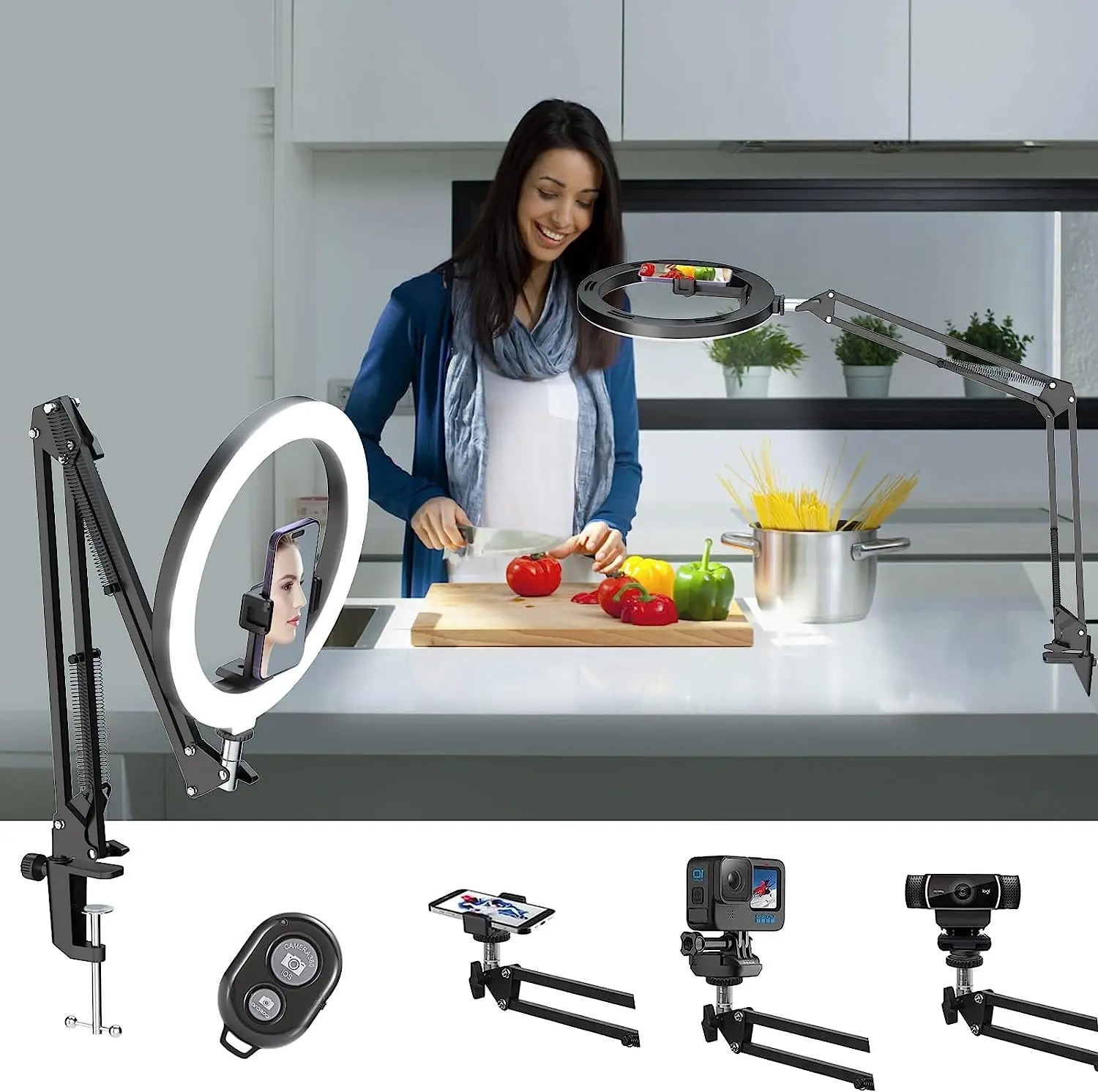 Camera Mount 30cm Ring Light and Phone Holder for Desk,Phone Mount Arm Stand with Remote for iPhone and Webcam,Overhead Tripod