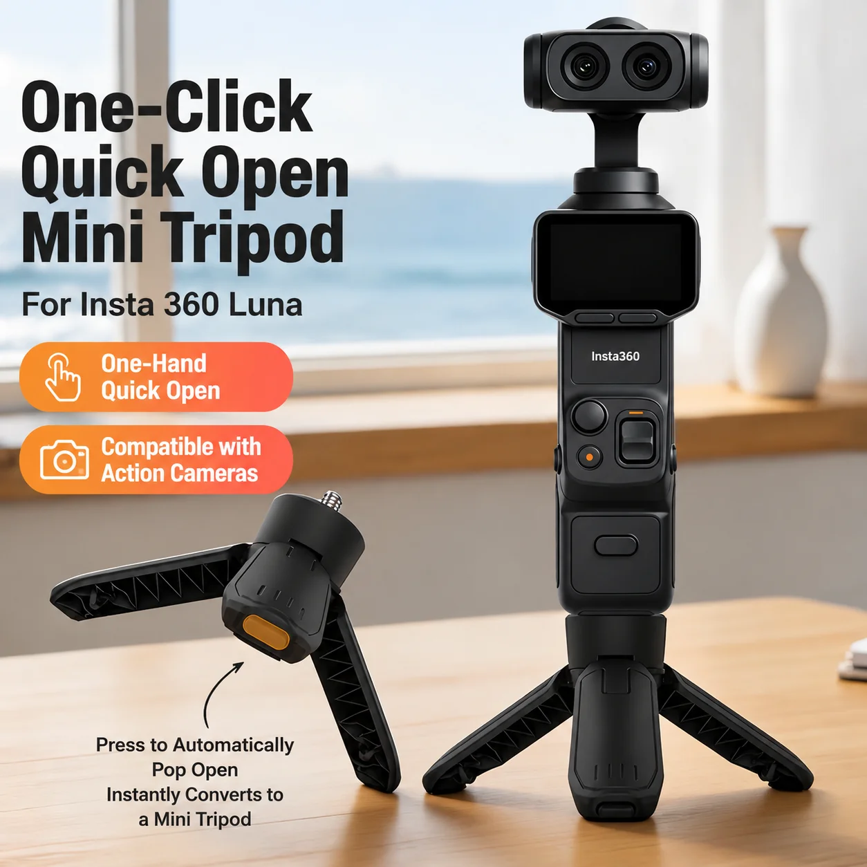 Mini Portable Tripod One Click Open Selfie Stick Handle Grip for Phone Bracket Stand for Insta360 Luna Ultra Camera Accessories