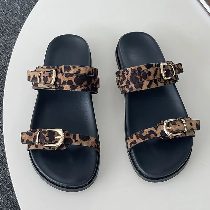 Big Size Footwear Leopard print Women Slippers Slides Shoes Female Beach Fashion Metal Buckle Ladies Flat Slippers Sandals Shoes