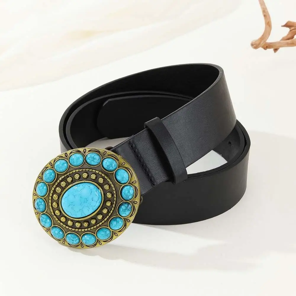 

Metal Buckle PU Leather Belt Blue Stone Ethnic style Wide Side Waist Belt Beaded Dress Decor Korean Style Waistband Ladies/Girls