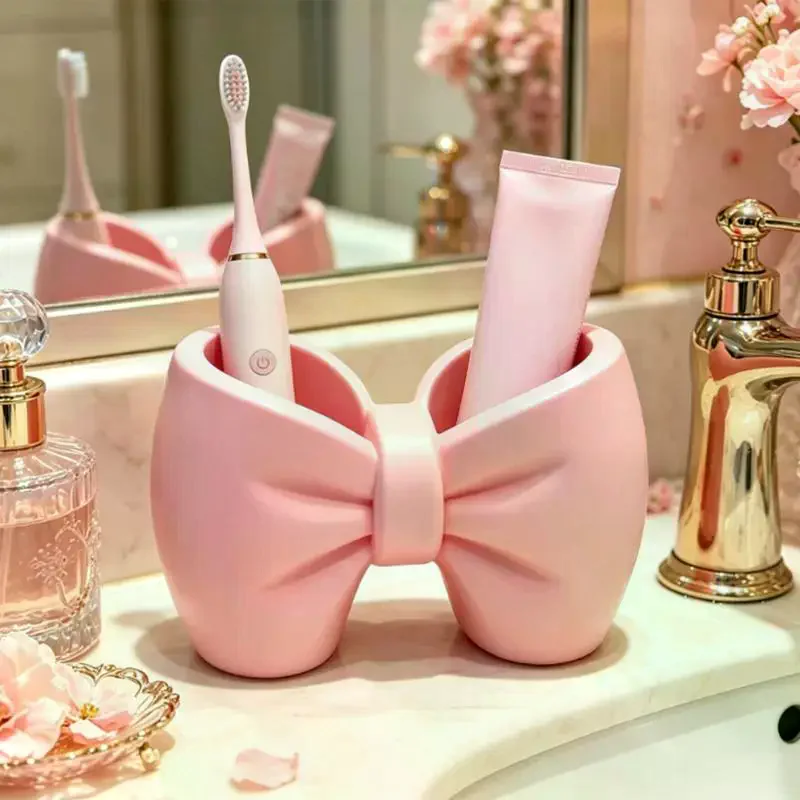Shaped Toothpaste Toothbrush Holder Multifunctional Bathroom Countertop Storage Rack For Washstand Vanity Decor Organizer Bow