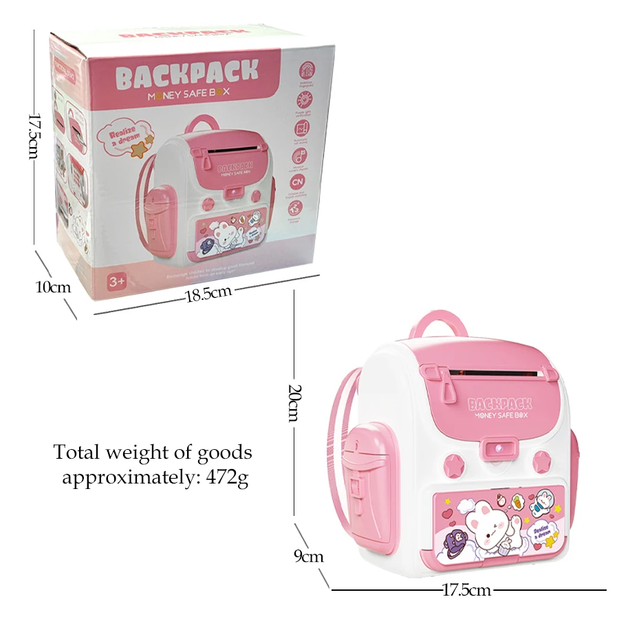 子供用バックパック貯金箱おもちゃ、自動誘導ロールマネーATM大型シミュレーション指紋パスワードロック解除ボックスギフト