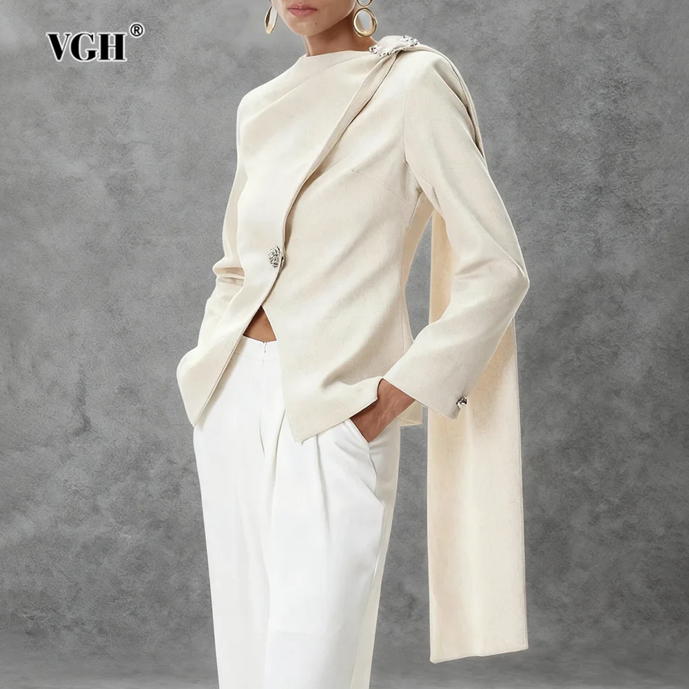 

VGH Elegant Formal Spliced Cape Blazer for Women O Neck Long Sleeve Pathwork Single Button Slimming Chic Coat Female Autumn New