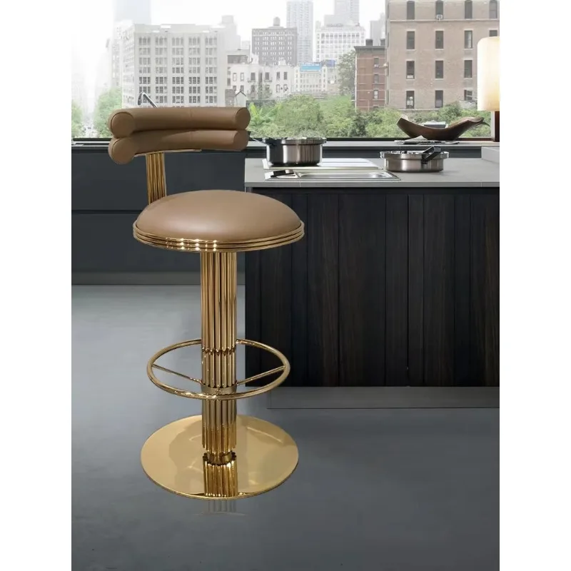 Coffee Modern Stainless Steel Upholsered High Chairs Nordic Coffee Color Leather Simplicity bar Stools