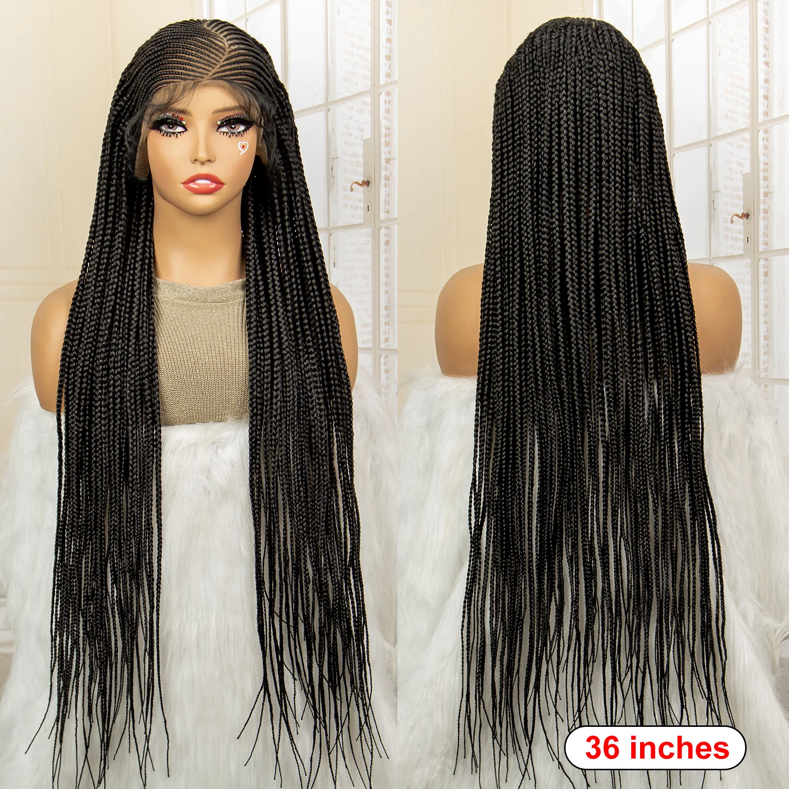 Full Lace Synthetic Afro Cornrow Braided Wigs Back Knotless Box Braids Wig for Black Women 36 Inches Handmade Braiding Wig