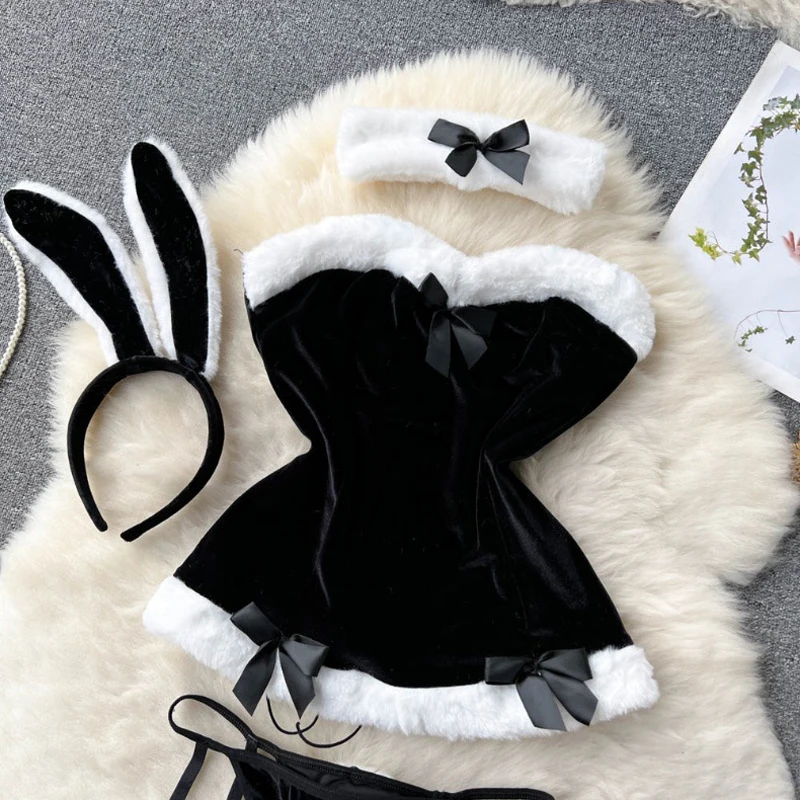 Cosplay Rabbit Maid Sexy Nightwear Halter Splice Fur Bow Lingerie Combination Christmas Erotic Porno Underwear Sets