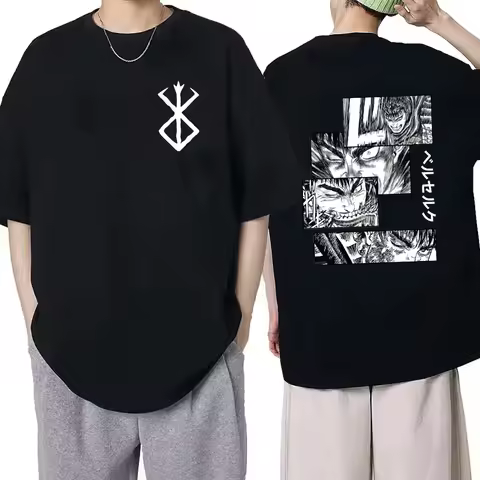 Japan Anime Berserk T-Shirt Guts Print Graphic Tee Men's 90s Summer Short Sleeve Casual Manga Dark Fantasy Black Swordsman Style