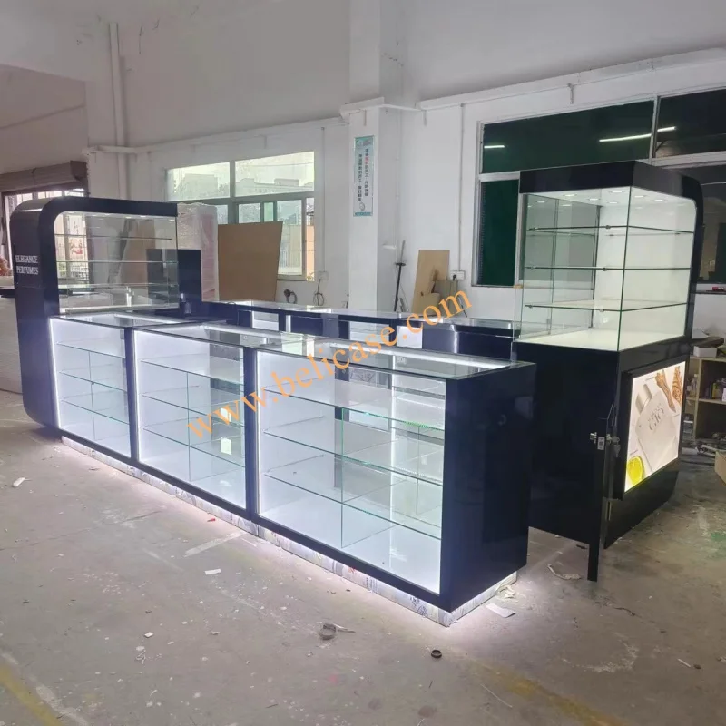 

customized.Factory Custom Jewelry Display Kiosk Wood Glass Display Cabinet Shop Counter Shopping Mall Perfume Kiosk Showcase