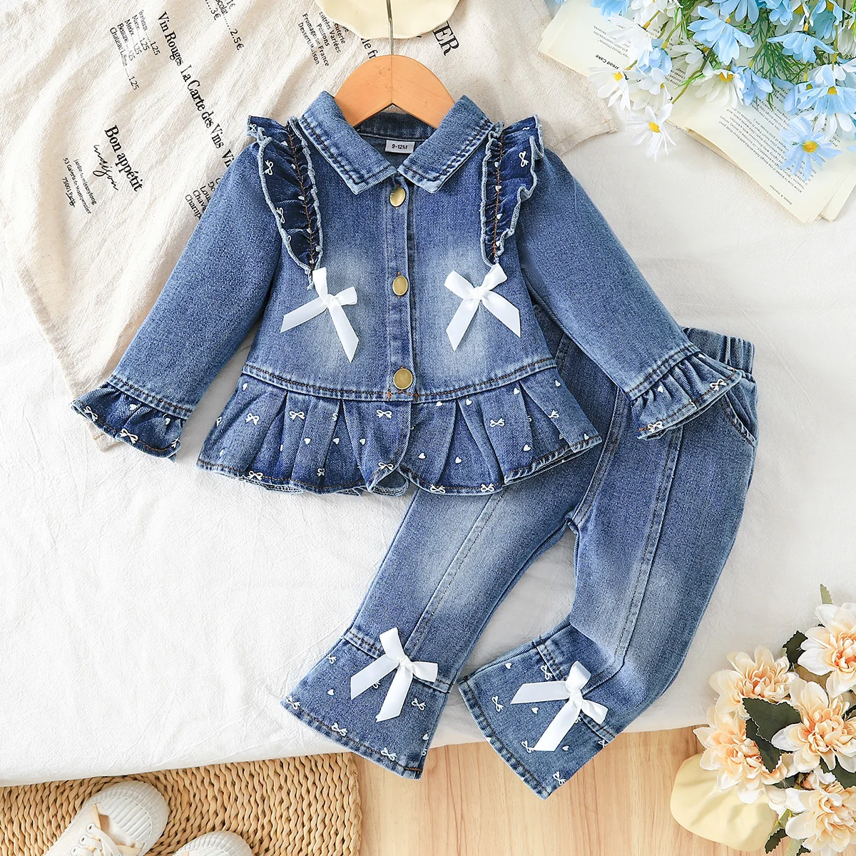 2Pcs Toddler Girl Denim Set, Ruffle Bow Cropped Jacket Flared Jeans Outfit 1-2Y