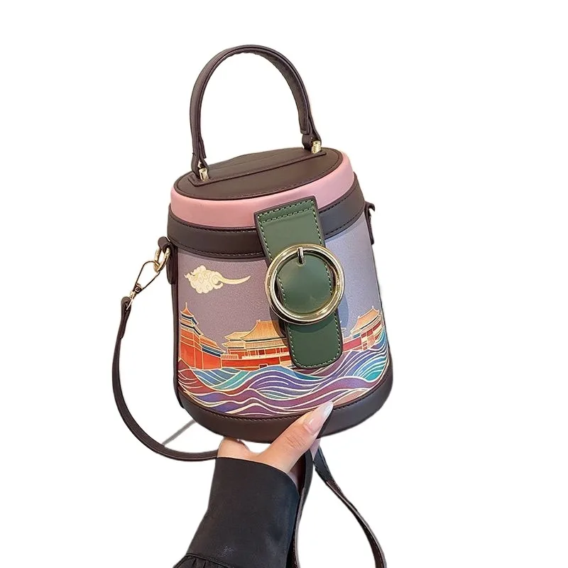 

Новая сумка, простая модная сумка-ведро Forbidden City, женская сумка с принтом граффити, сумка через плечо, женская сумка-ведро