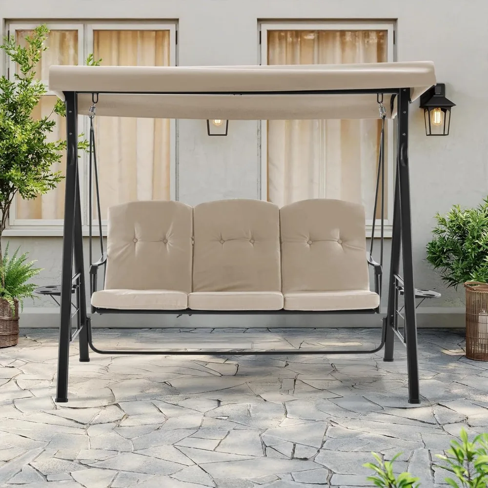 Outdoor Porch Swing Chair with Stand for Backyard, Poolside,MCombo 3 Seat Patio Swings with Adjustable Canopy