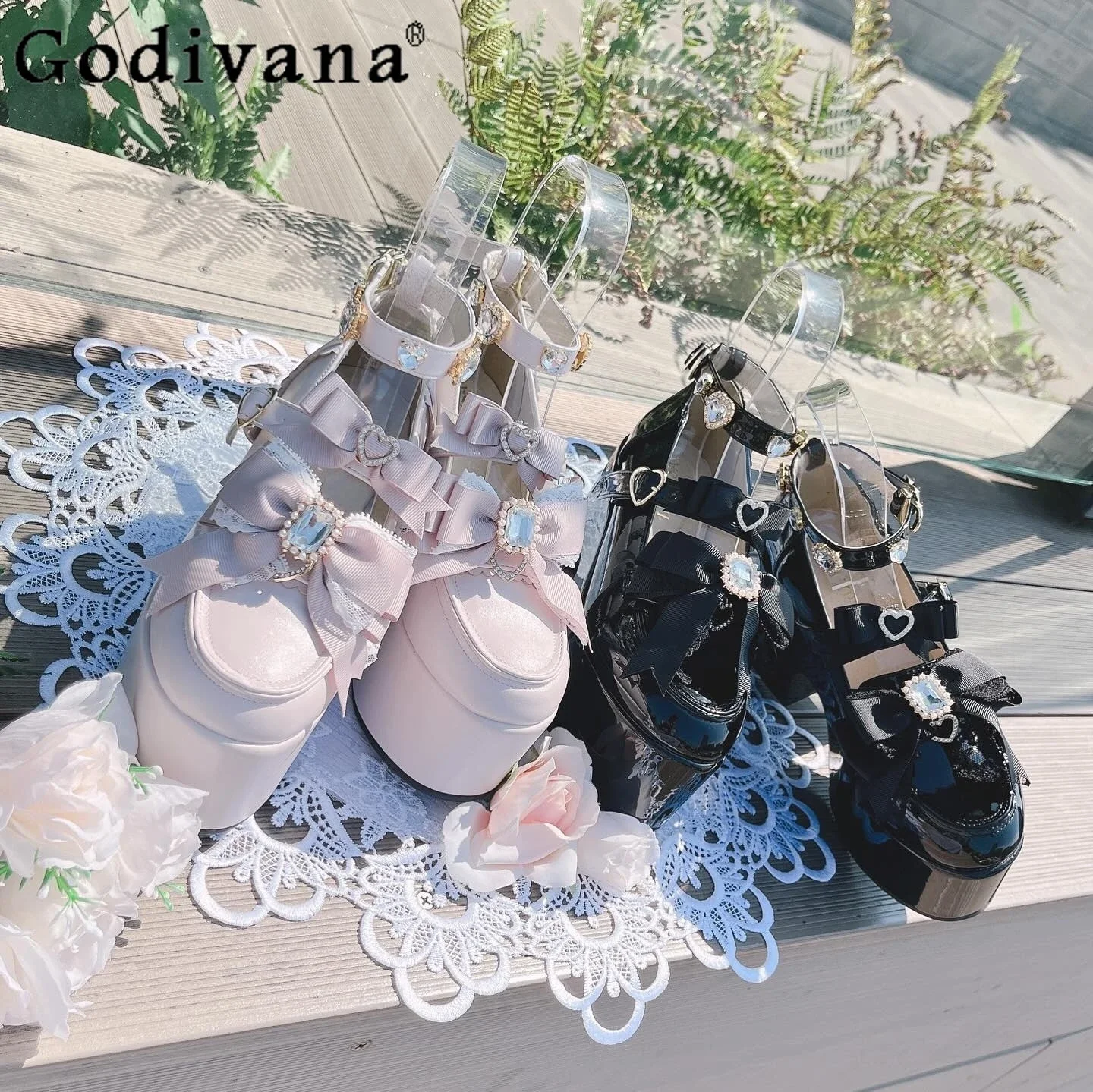 

Liz Japanese Style Mine Mass-produced Rhinestone Bow Lolita Sweet High Heels Spring Autumn Fashion Mary Jane Platform High Heels