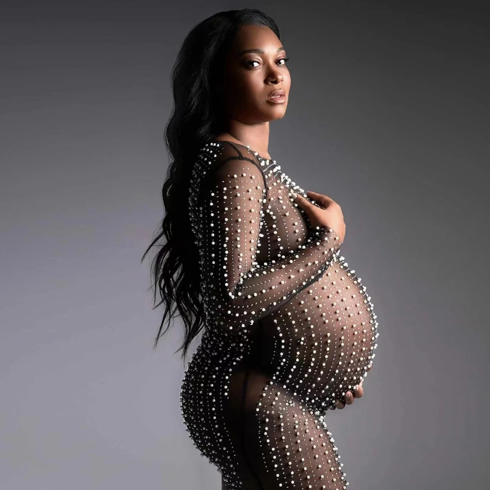 Maternity Photography Props Dress Transparent Tulle Rhinestone Pearl Pregnancy Dress Photography Shooting Accessories