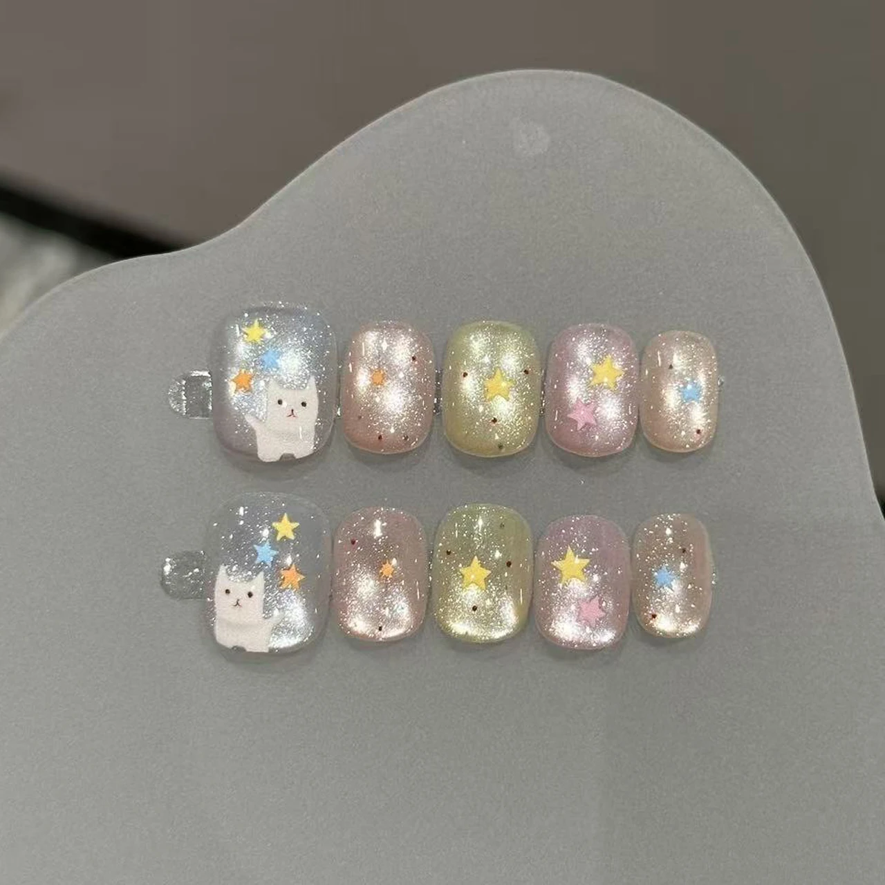 10pcs Pink Blue Yellow Cute Cat Star Press On Nails Reusable Glitter Cat Eye False Nails Easy Apply Kawaii Fake Nails For Women